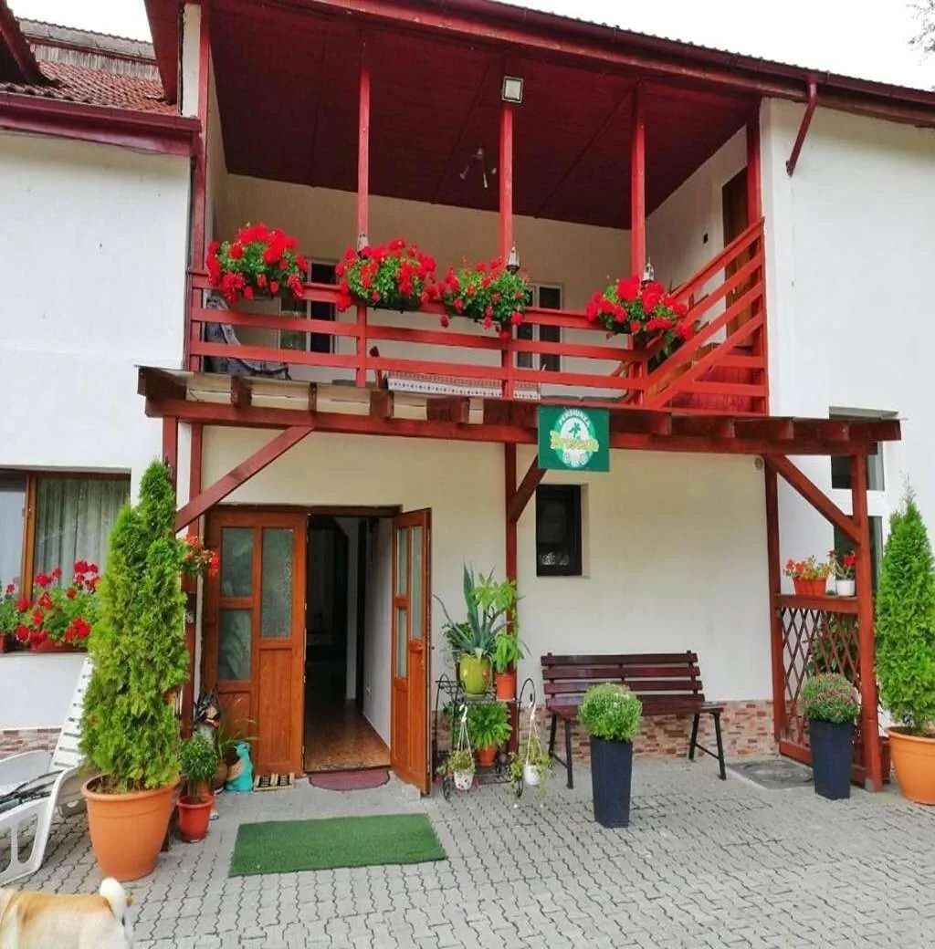 Intrarea în pensiune, cu balcon din lemn și mușcate roșii